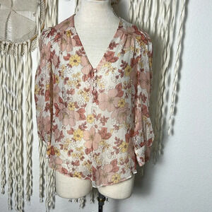Veronica Beard Silk Milan Melon Long Sleeve Sheer Blouse Metallic Thread Size 2